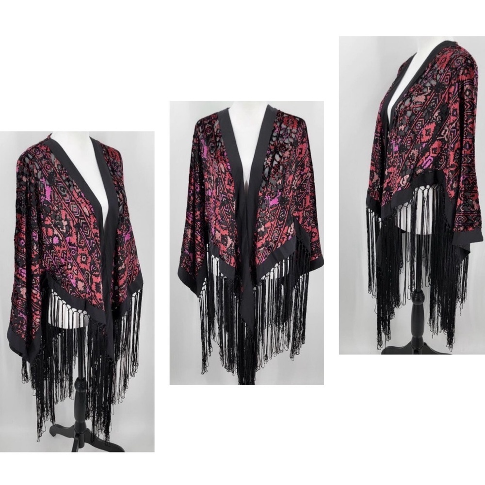 IDYLLWIND Kimono Black Pink Red Fringed Stunning Velvet Burnout Cardigan NWT 🖤💗 - Picture 2 of 16